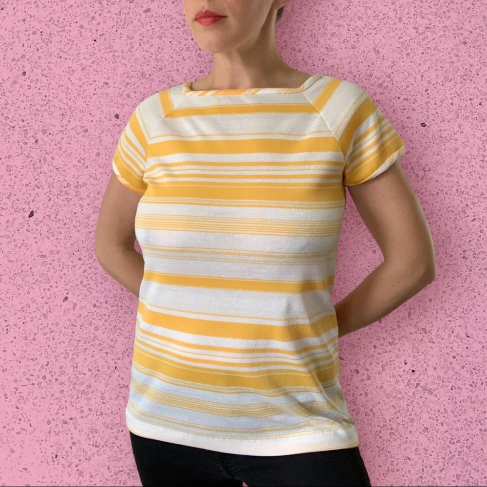 Vintage 1970s Catalina Yellow White Striped Short Sleeve Top